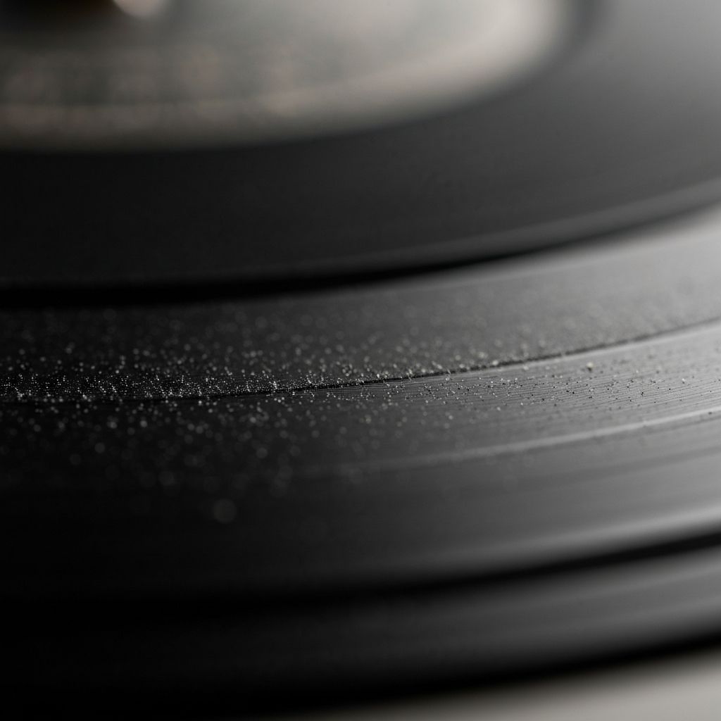 Nahaufnahme einer Schallplattenrille mit feinem Staub